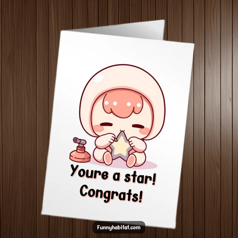 Funny Free Printable Congratulations Card showing a focused Kawaii character carefully buffing a small, radiant star, symbolizing achievement.