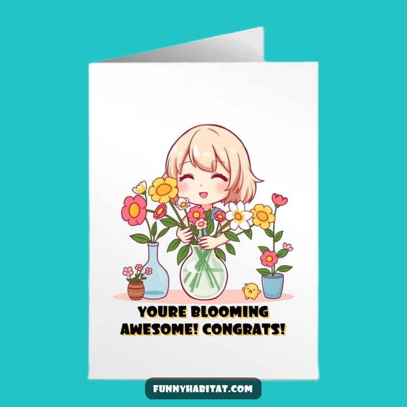 Free Printable Congrats Card: Flower Arranging Character, Happy, Funny Downloadable for Success