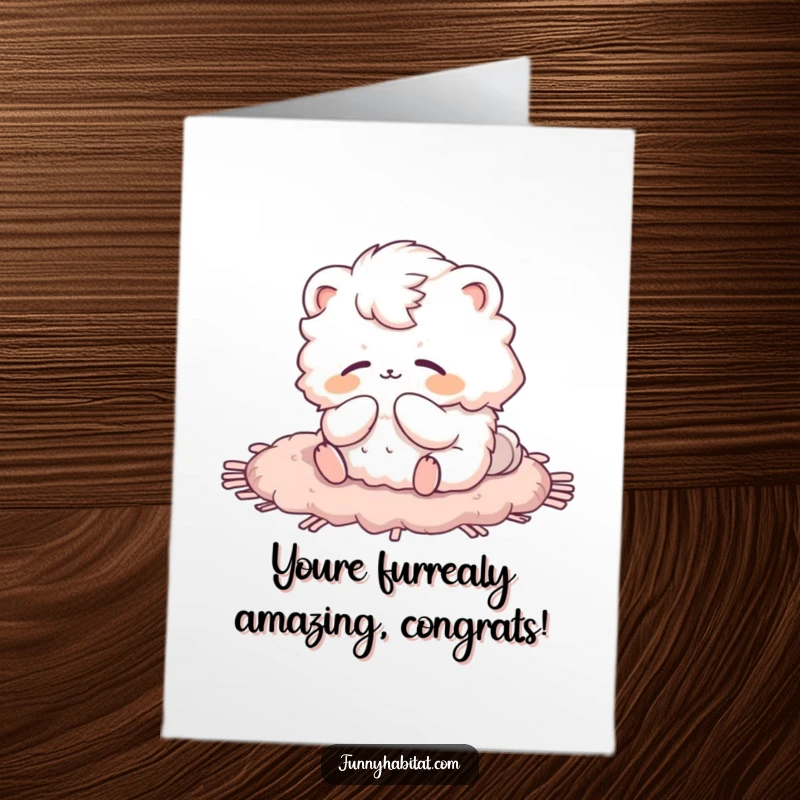 Funny Free Printable Congratulations Card: Fluffy animal character happily grooming itself on a soft rug, representing self-care and achievement.