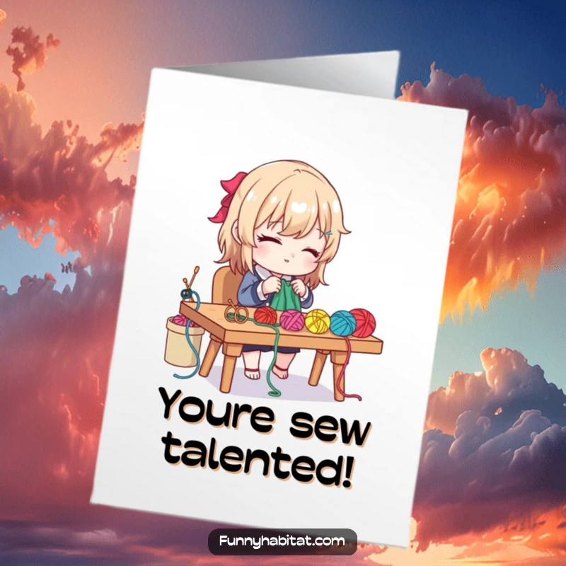 Funny Free Printable Congratulations Card: Crafty character focused on knitting with colorful yarn at a desk, celebrating achievement.