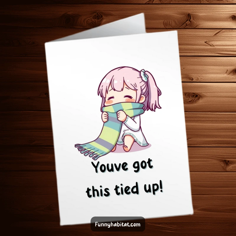 Funny free printable congratulations card featuring a character knitting a long, colorful scarf with a happy expression.