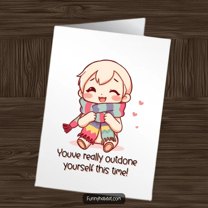 Funny free printable congratulations card: Smiling character expertly knitting a colorful scarf, symbolizing warmth and accomplishment.