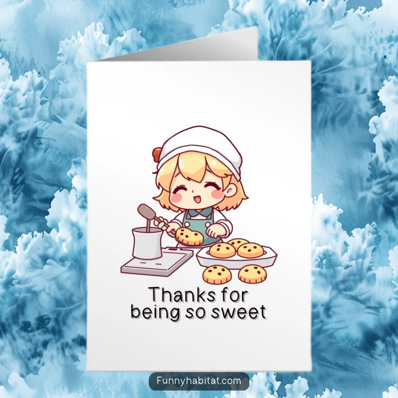 Funny free printable thank you card showing a character happily baking cookies with a tray overflowing with treats.