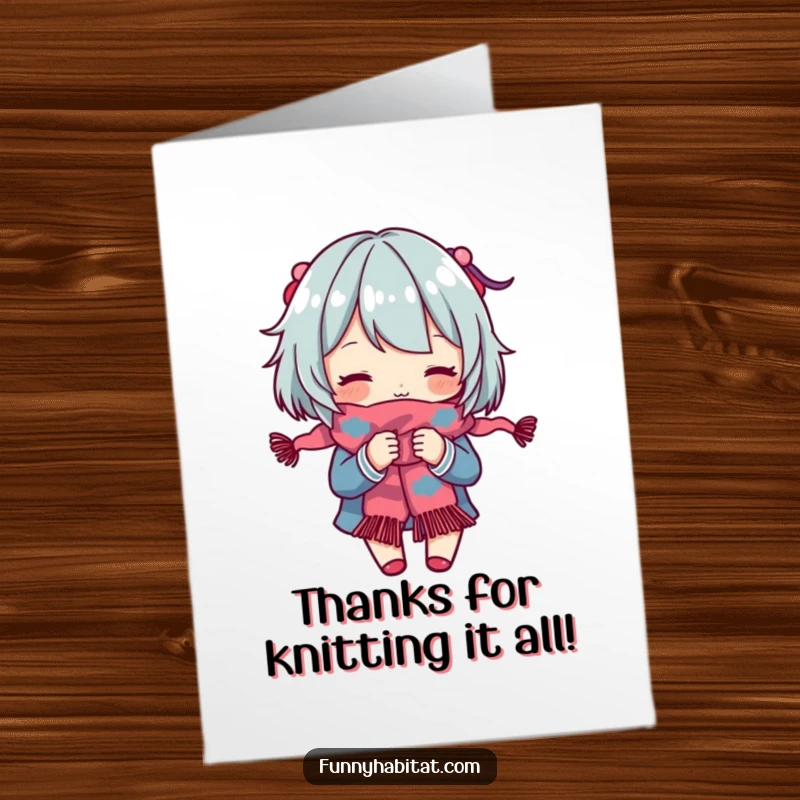 Funny Free Printable Thank You Card: A character knits a colorful scarf, weaving threads of gratitude.
