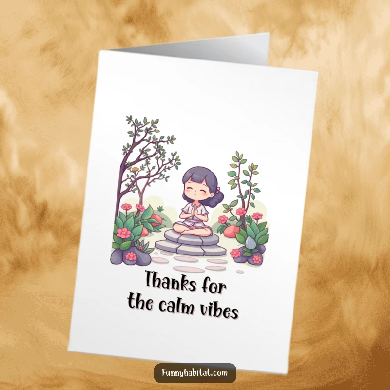 Funny Free Printable Thank You Card: A character meditates peacefully in a garden, sending serene gratitude.