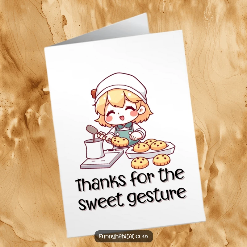 Funny Free Printable Thank You Card: Character happily baking cookies, symbolizing a sweet gesture of thanks.