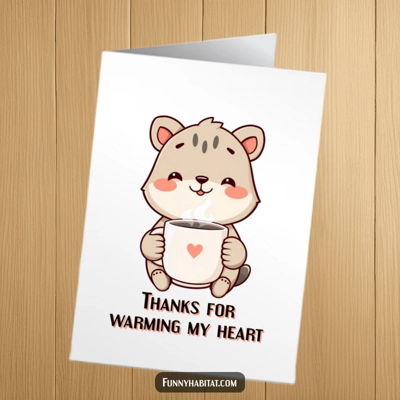 Funny free printable thank you card where a cheerful animal holds a steaming mug, expressing warm gratitude with a happy smile.