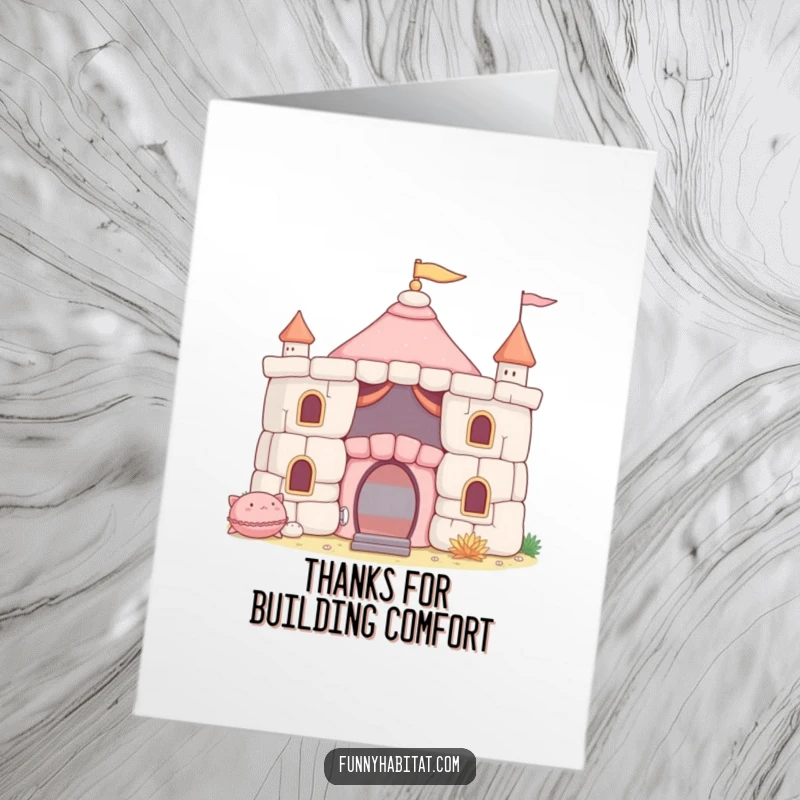 Funny Free Printable Thank You Card featuring a character in a comfy cushion fort, a cozy and fun downloadable gift.