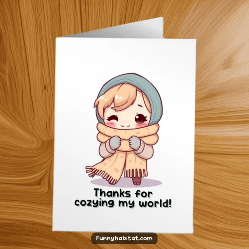 Funny Free Printable Thank You Card: A character beams while knitting a long, warm scarf, offering comfort and thanks.