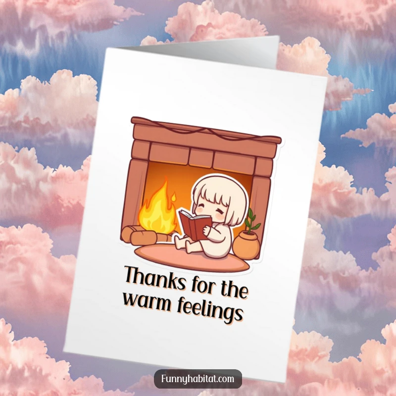 Funny Free Printable Thank You Card: Cute character reading by a fireplace, sending warm thanks.
