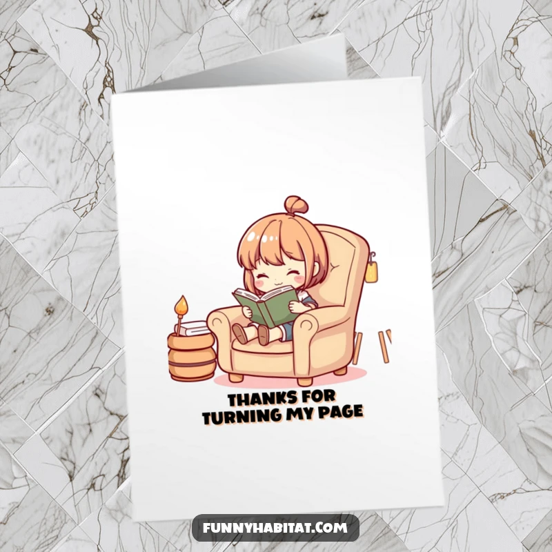Funny Free Printable Thank You Card: A character relaxing with a book, conveying gratitude in a unique downloadable gift.