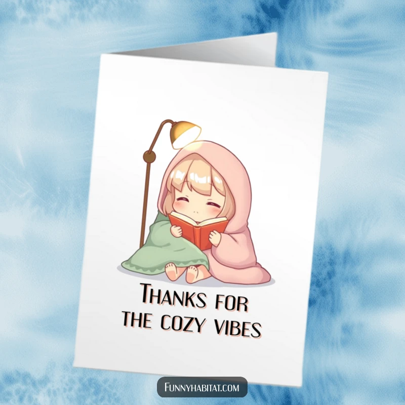 Funny Free Printable Thank You Card: Character relaxing with a book under a blanket, illuminated by lamplight, expressing thanks.