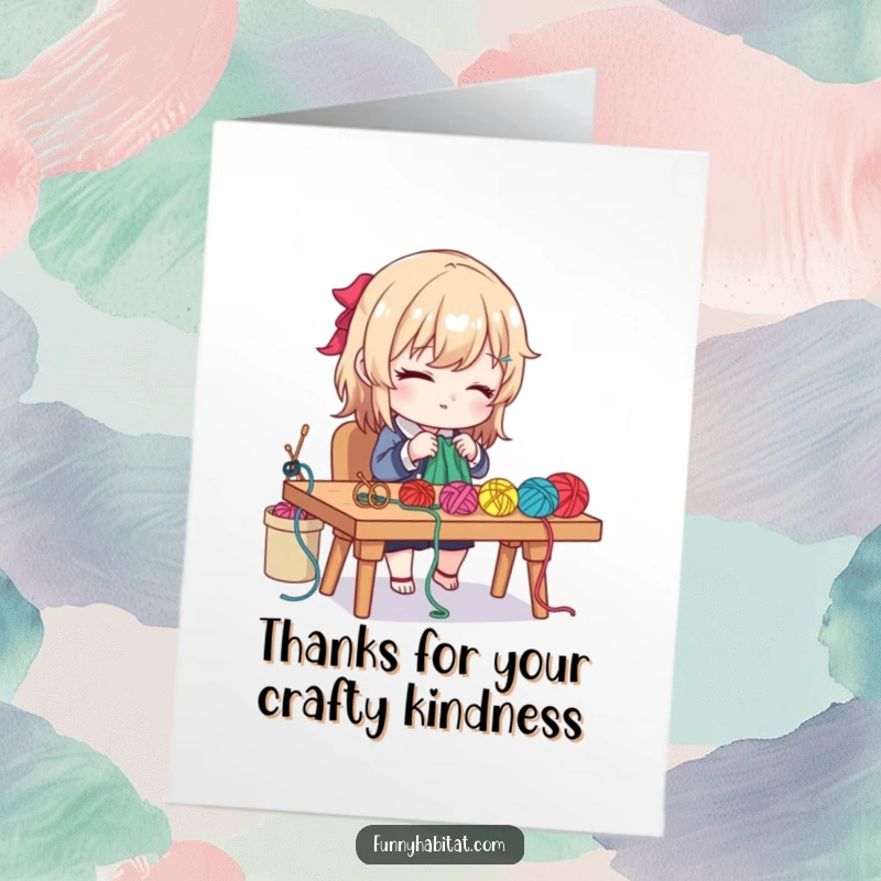 Funny Free Printable Thank You Card: Character diligently crafting with yarn and needles, expressing gratitude for handmade items.