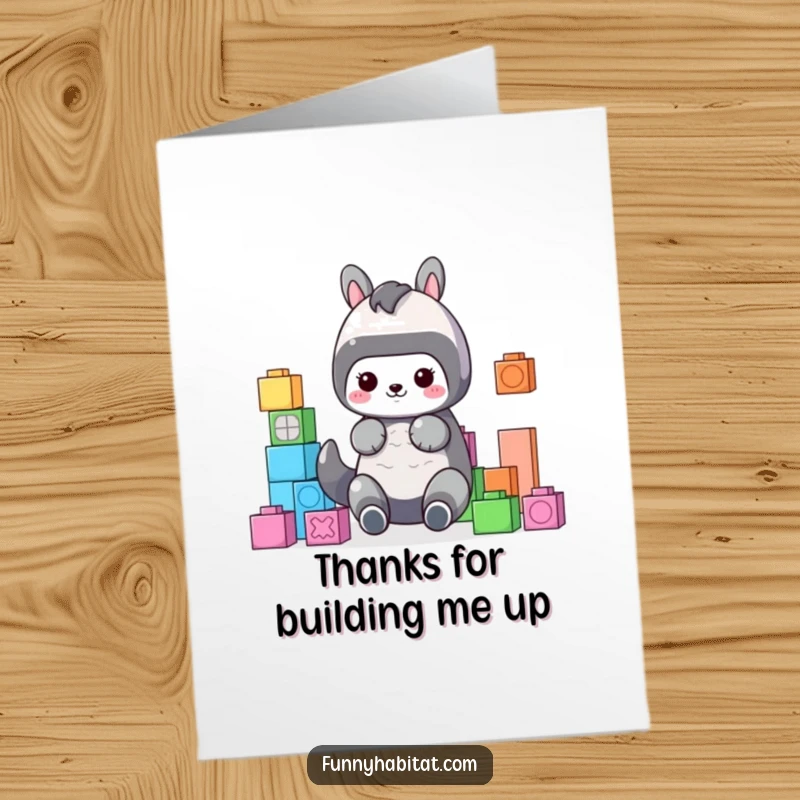 Funny free printable thank you card with a cute animal character organizing colorful building blocks, building a thank you message.