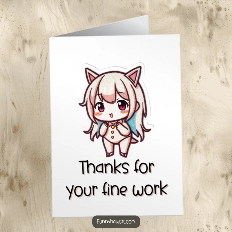 Funny Free Printable Thank You Card: A character focuses intently while embroidering a delicate artwork, conveying gratitude.