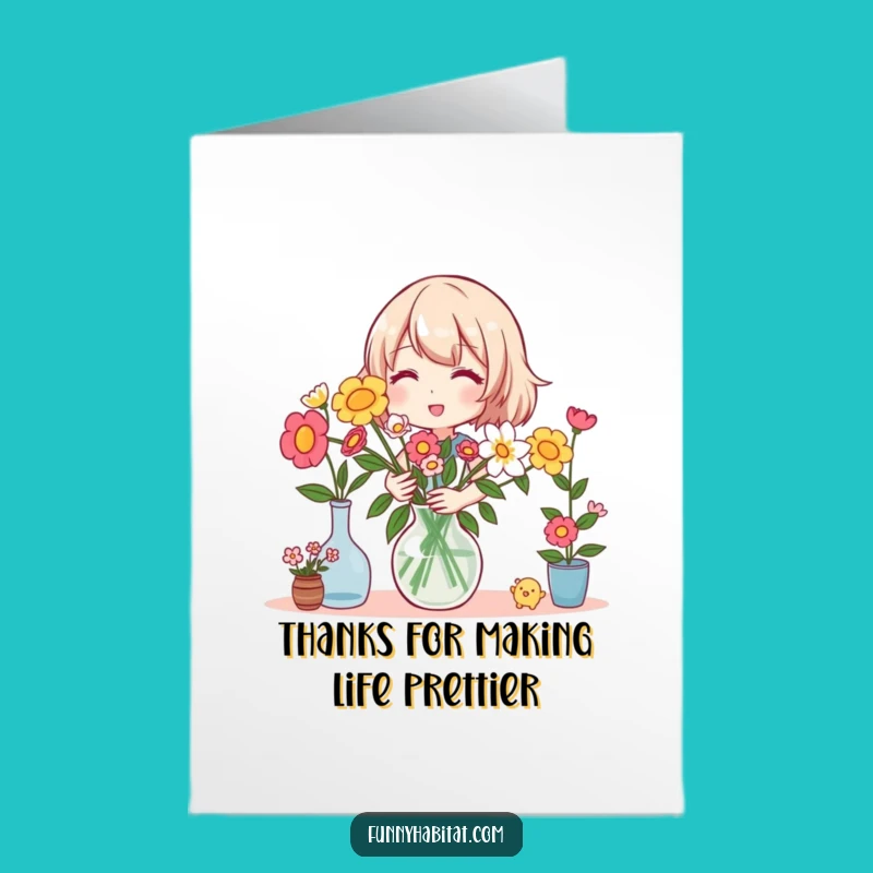 Free Printable Thank You Card: Flower Arranging Character, Smiling, Funny Downloadable Gratitude