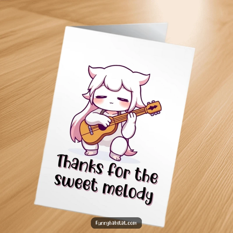 Funny Free Printable Thank You Card of a musician character playing an instrument with eyes closed, conveying gratitude through music.