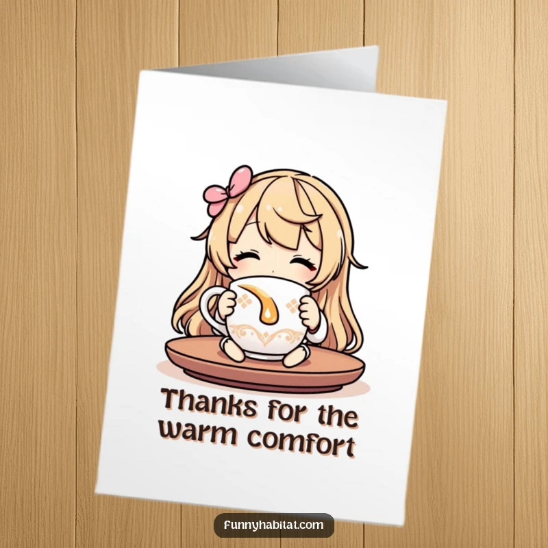 Funny Free Printable Thank You Card of a character relaxed and content, sipping tea from a charming mug, a cozy way to say thanks.