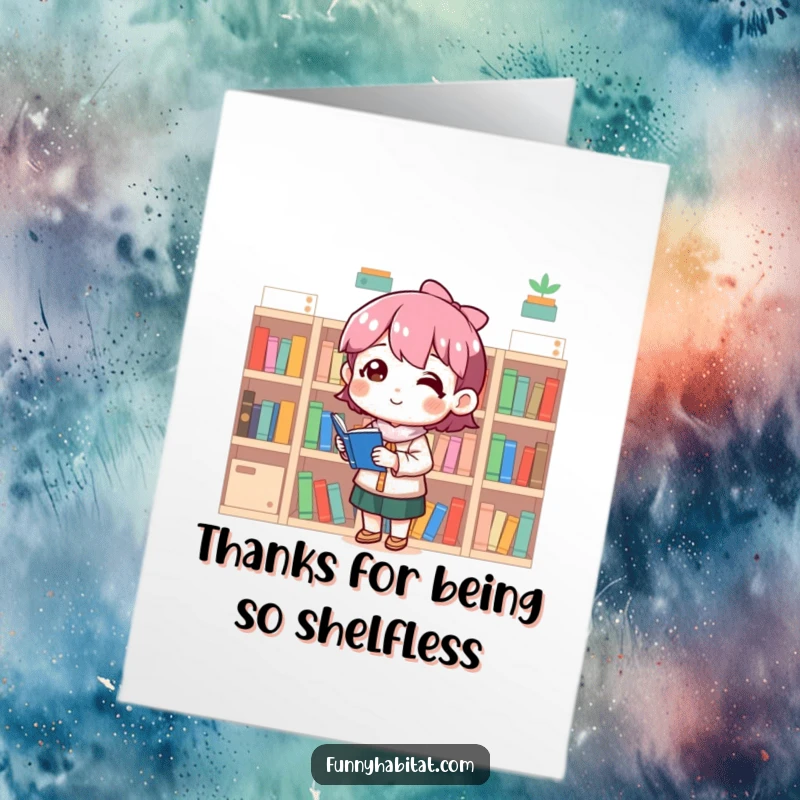 Funny Free Printable Thank You Card: Character organizing tiny bookshelves with a satisfied and grateful smile.
