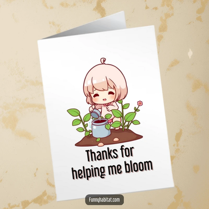 Funny Free Printable Thank You Card: Character waters a flourishing plant, a charming downloadable art for thanks.