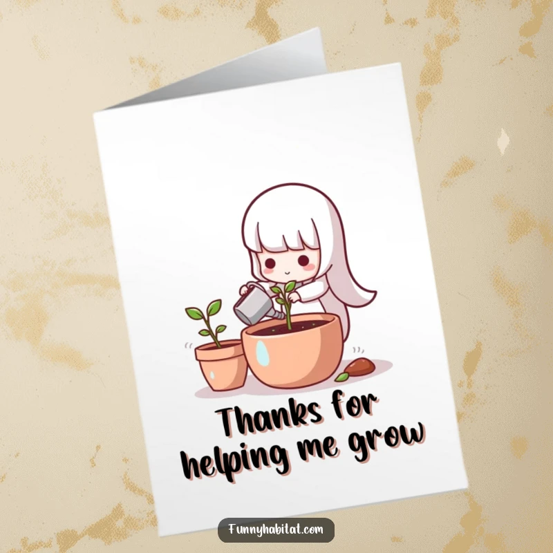 Funny Free Printable Thank You Card: Cute character waters a tiny sprout in a sunlit pot, expressing gratitude.
