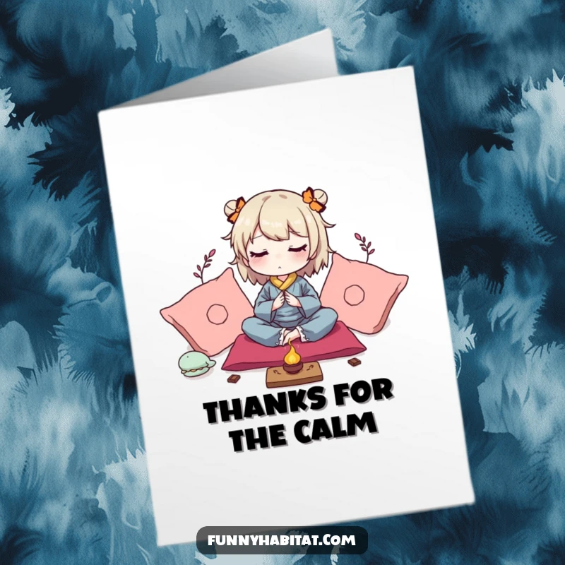 Funny Free Printable Thank You Card: Character in a peaceful meditation pose, surrounded by cushions and incense, expressing thanks.