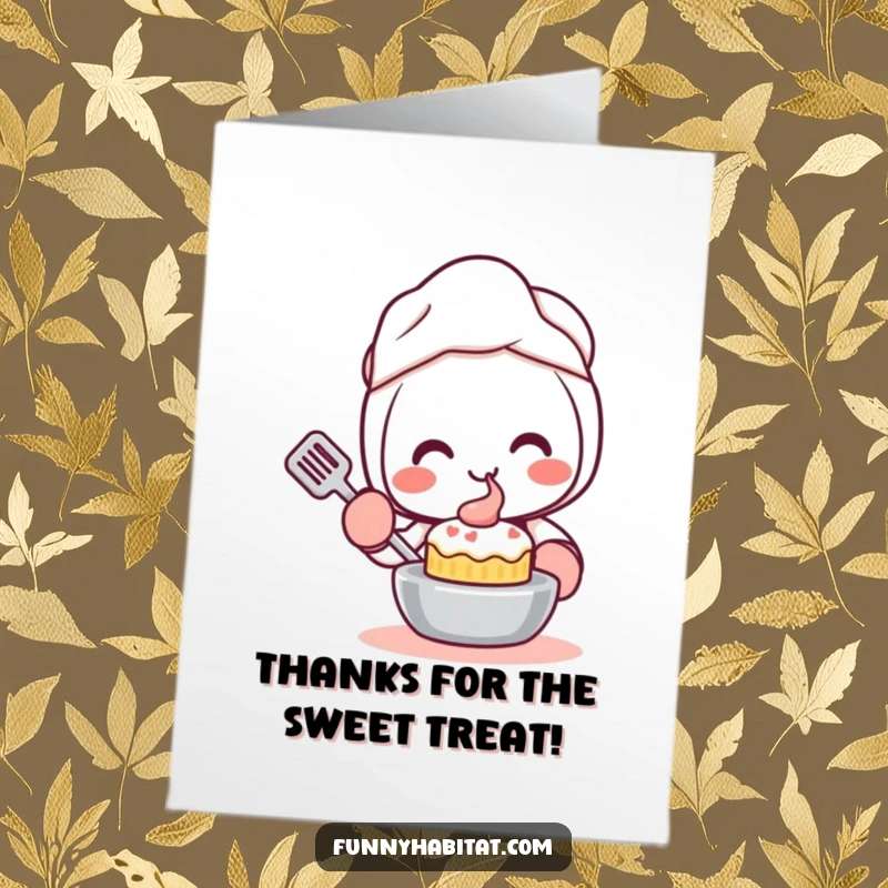 Funny Free Printable Thank You Card featuring a happy Kawaii character offering a small, delicious cake as a token of appreciation.