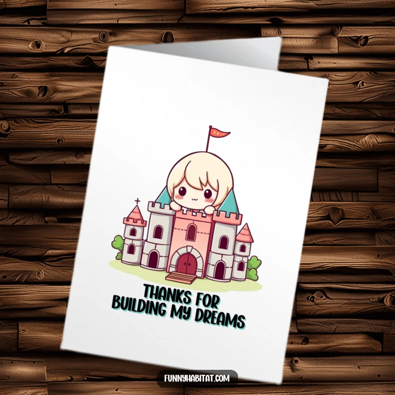 Funny Free Printable Thank You Card of a happy Kawaii character carefully placing building blocks to create a small, delightful castle.