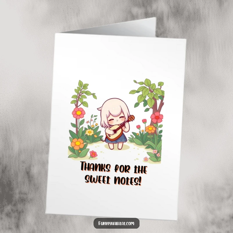 Funny Free Printable Thank You Card: A character playing a flute in a vibrant garden, a unique downloadable gift.