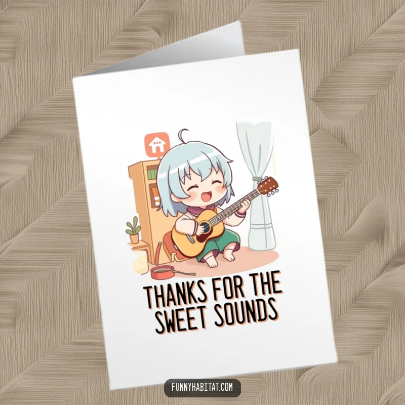 Funny free printable thank you card showing a character enthusiastically playing a musical instrument in a cozy room.