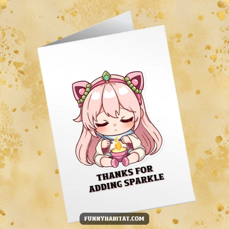 Funny free printable thank you card: Character in peaceful concentration crafting delicate jewelry, conveying appreciation.