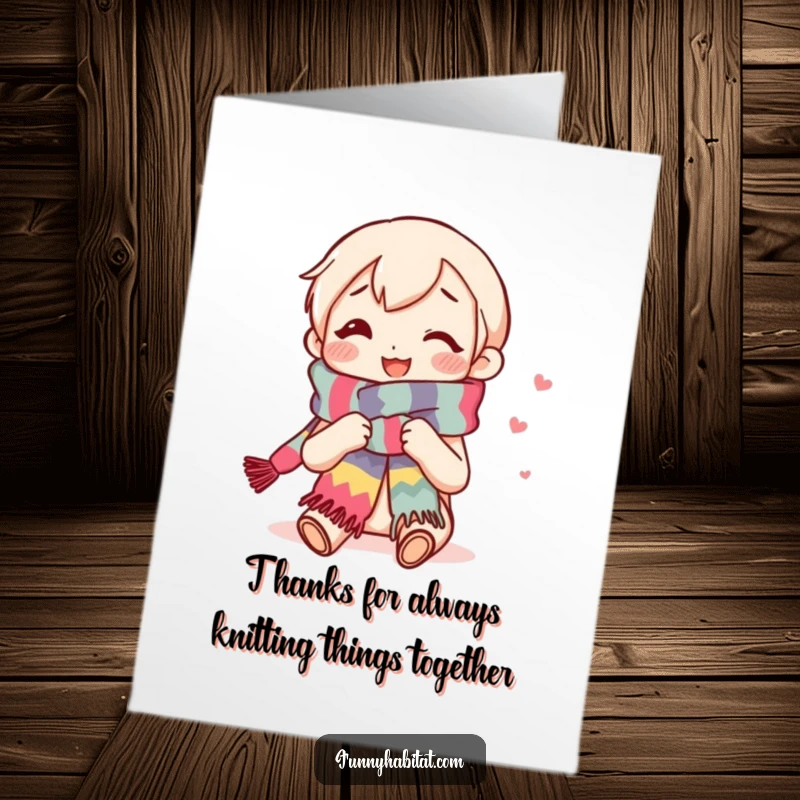 Funny free printable thank you card: Cheerful character knitting a vibrant scarf, conveying warm appreciation and coziness.