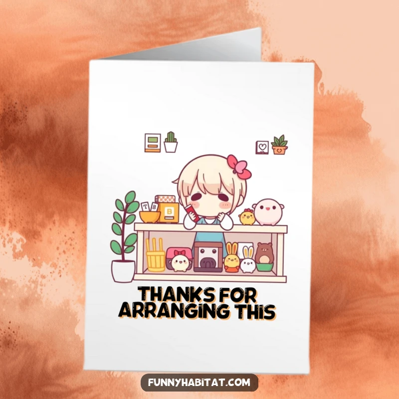 Funny Free Printable Thank You Card: A character arranges beloved items on a shelf, showing appreciation for thoughtfulness.