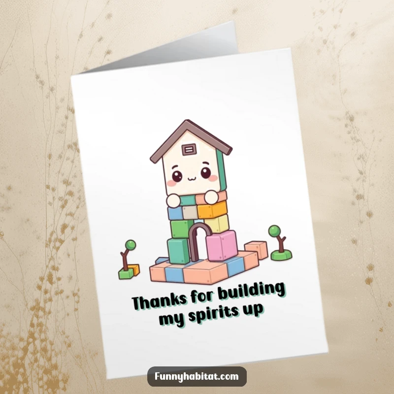 Funny Free Printable Thank You Card: A character humorously builds with blocks, expressing thanks in a downloadable design.