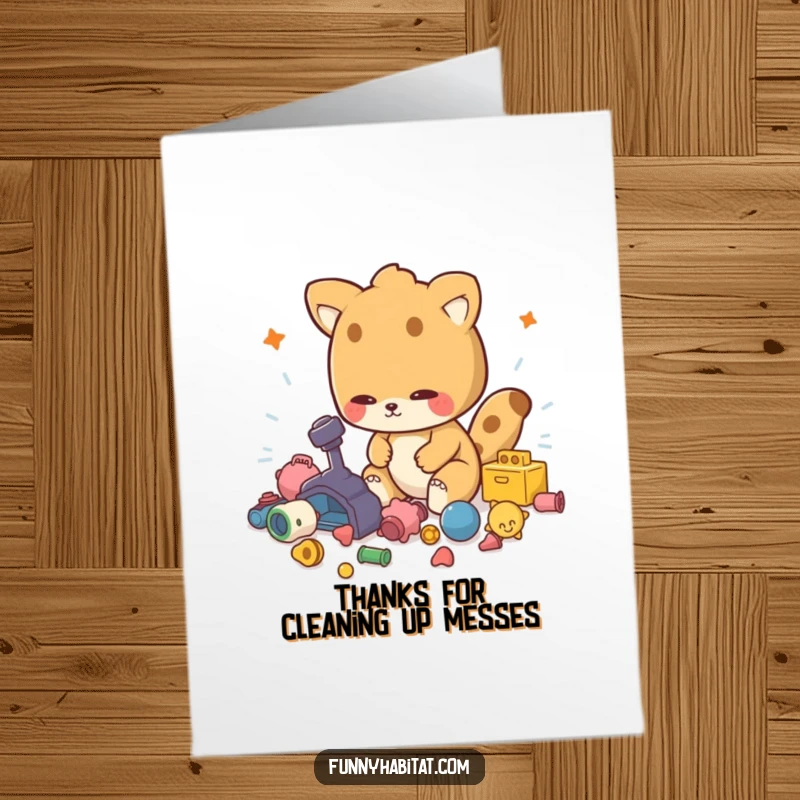 Funny Free Printable Thank You Card: Animal character energetically tidying up scattered toys, a helpful gesture.