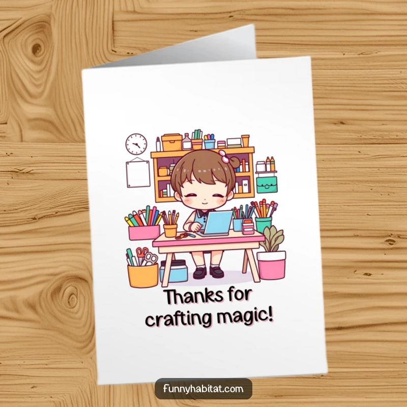 Funny Free Printable Thank You Card: A character joyfully organizing craft supplies, a DIY downloadable gift.