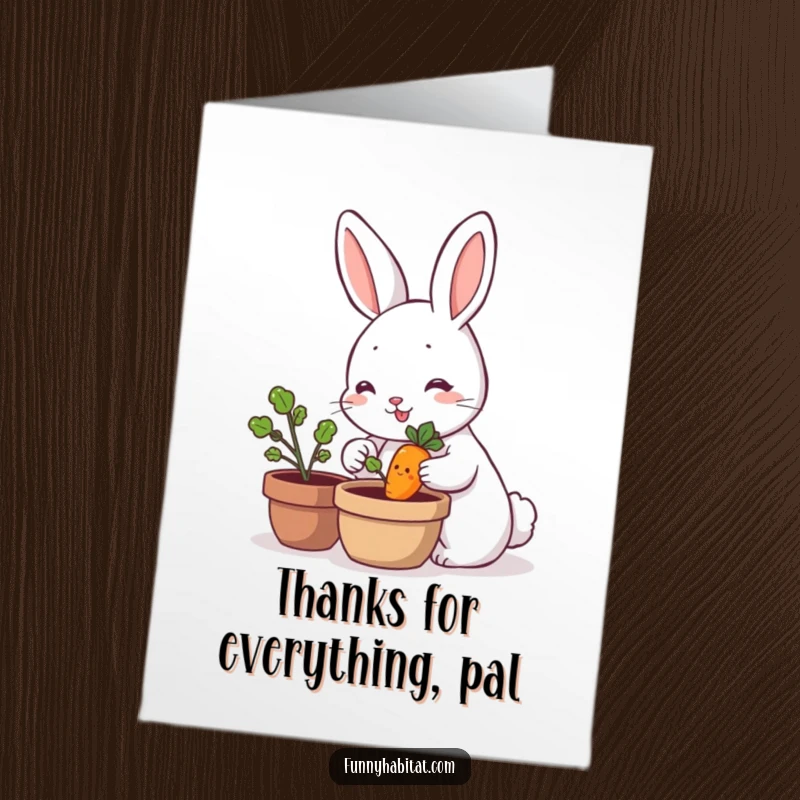 Funny Free Printable Thank You Card: A cheerful rabbit waters a tiny smiling carrot, offering a heartfelt thank you with a giggle.