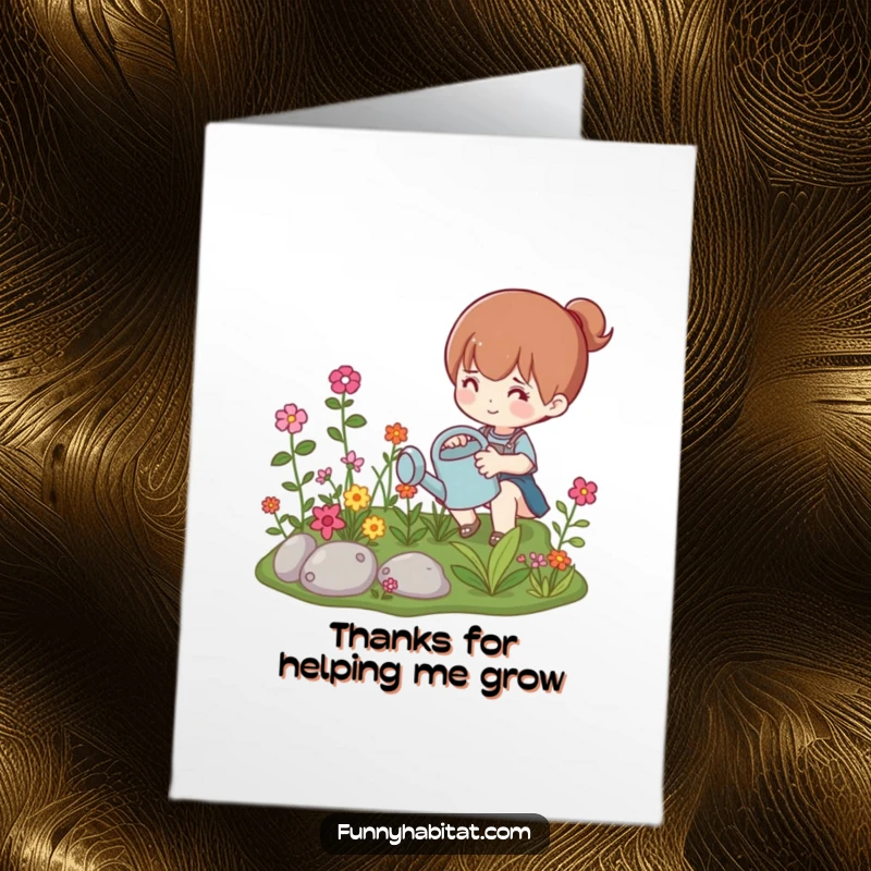 Funny Free Printable Thank You Card: A smiling character watering a small, vibrant garden, conveying thanks and appreciation.