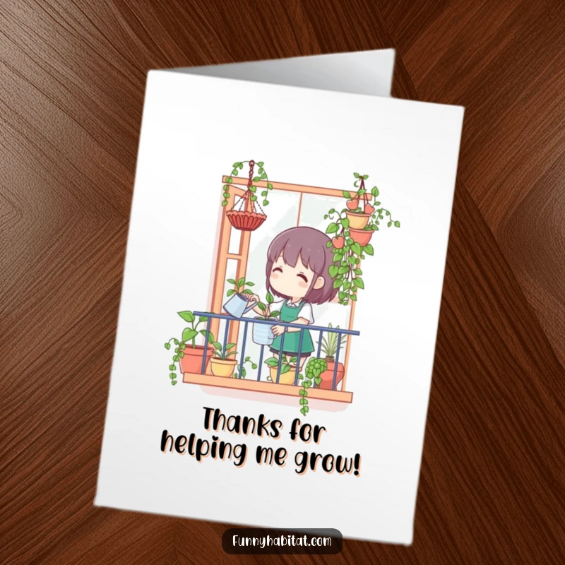 Funny Free Printable Thank You Card: A character watering beautiful hanging plants from a balcony, a downloadable gift.
