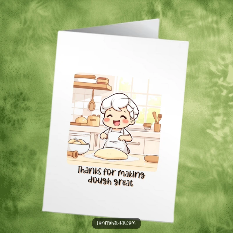 Funny Free Printable Thank You Card: Character joyfully kneading dough in a kitchen, flour dusting their apron, expressing thanks.