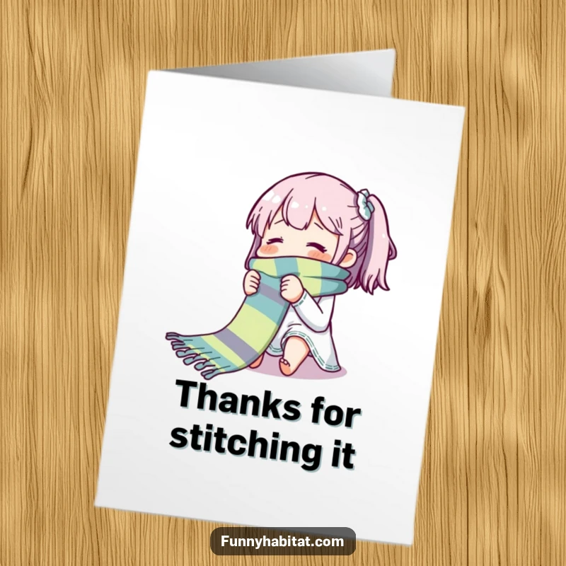 Funny free printable thank you card showing a character happily knitting a long, vibrant, colorful scarf.