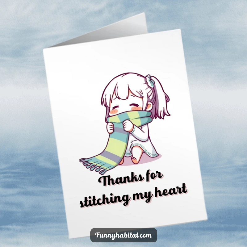 Funny Free Printable Thank You Card: Character knitting a cheerful, long scarf, expressing gratitude creatively.
