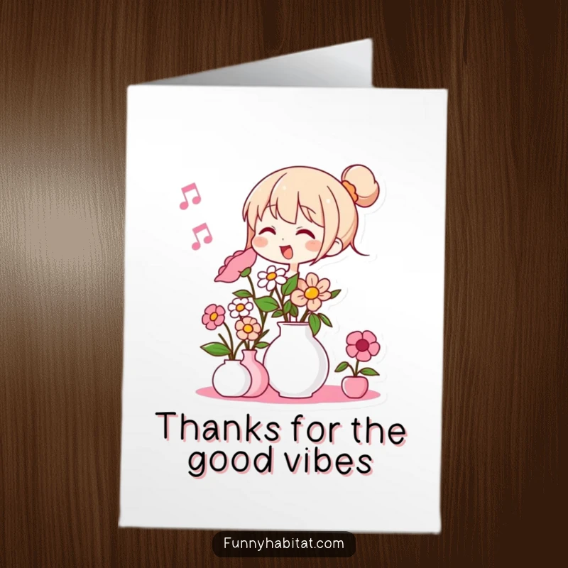 Funny free printable thank you card of a character humming delightfully while arranging flowers in a vase.
