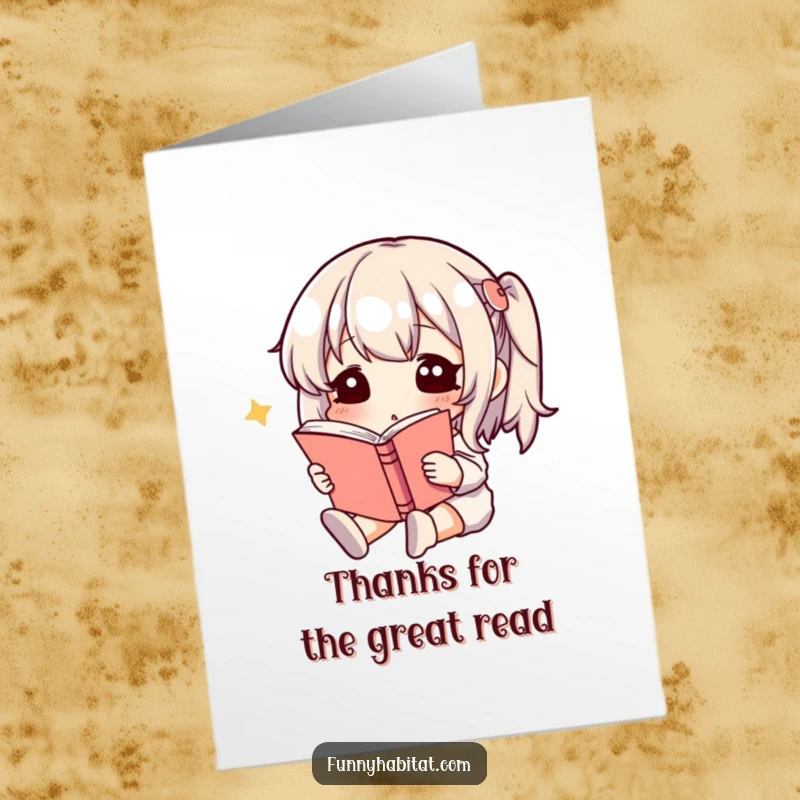Funny Free Printable Thank You Card with a character engrossed in reading, a calm and thoughtful downloadable gift.