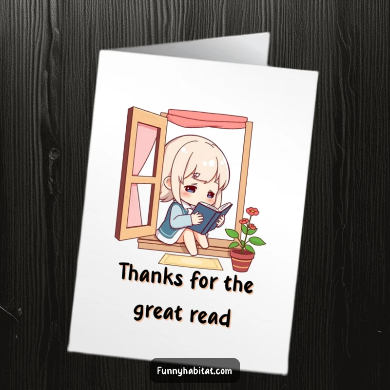 Free printable thank you card with a character peacefully reading by a window, a thoughtful way to say thank you.