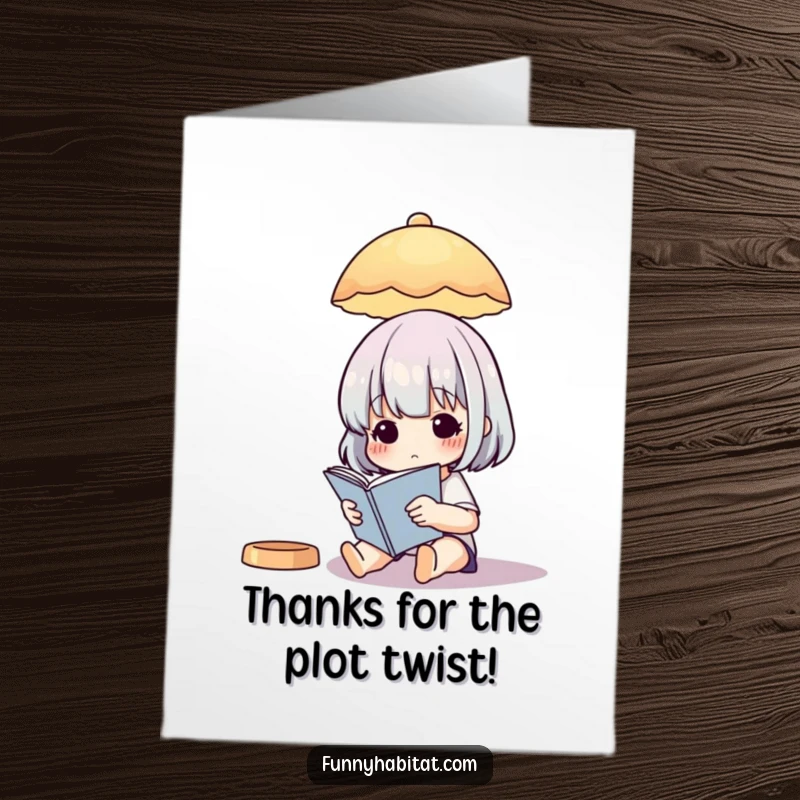 Funny free printable thank you card depicting a character peacefully reading under a lamp, conveying thanks with humor.
