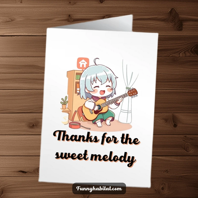 Funny Free Printable Thank You Card: Character playing a musical instrument joyfully in a cozy room.