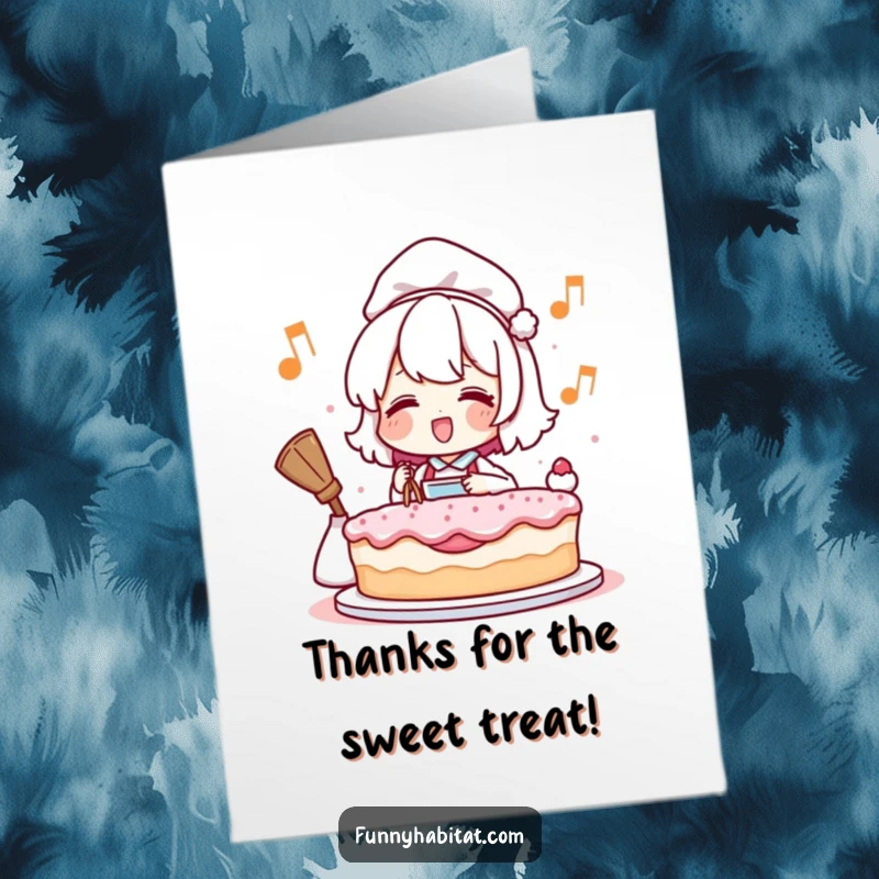 Funny free printable thank you card featuring a character humming while baking, expressing gratitude with a sweet treat.