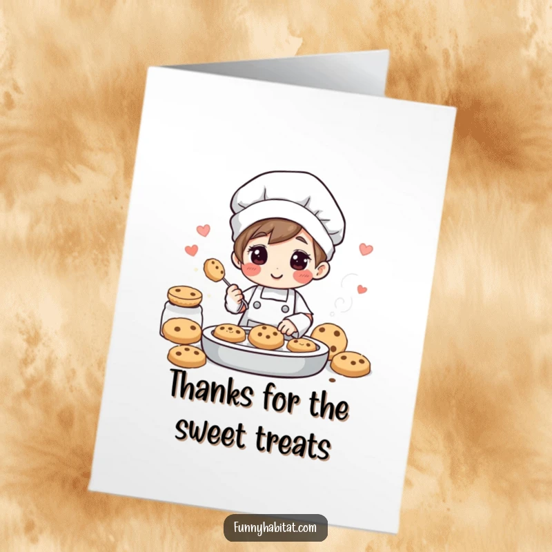 Funny Free Printable Thank You Card featuring a cheerful baker character offering a plate of delicious cookies as thanks.