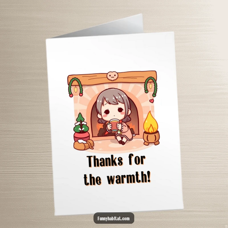 Funny free printable thank you card of a character enjoying a warm drink by a cozy fireplace, conveying thanks with comfort.